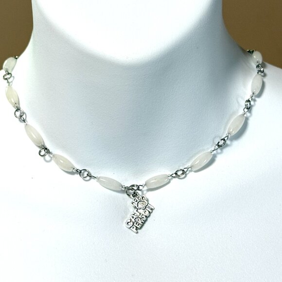 Genuine Milky Quartz Short Necklace, Gemstone & Cat Person Paw Print Pendant - Picture 2 of 15